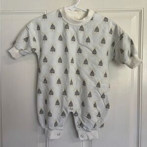 NB Forever French Cream/Green Trees long sleeve long Romper.  In EUC!